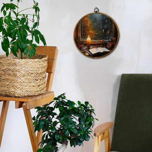 Hiuwevt Vintage Moody Fall Rainy Round Wall Art Decor ، طباعة قماشية في الخريف ، الأوساط الأكاديمية الداكنة جدار جدار معلق للمنزل غرفة نوم القراءة ديكورات مكتبة غرفة ، 10 × 10 بوصات in Kuwait