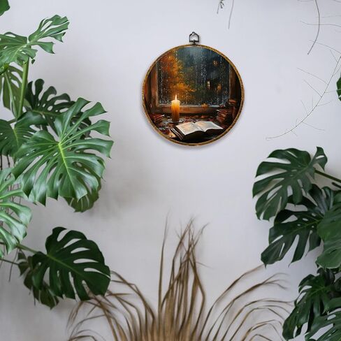 Hiuwevt Vintage Moody Fall Rainy Round Wall Art Decor ، طباعة قماشية في الخريف ، الأوساط الأكاديمية الداكنة جدار جدار معلق للمنزل غرفة نوم القراءة ديكورات مكتبة غرفة ، 10 × 10 بوصات in Kuwait
