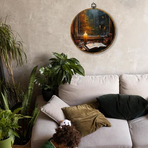 Hiuwevt Vintage Moody Fall Rainy Round Wall Art Decor ، طباعة قماشية في الخريف ، الأوساط الأكاديمية الداكنة جدار جدار معلق للمنزل غرفة نوم القراءة ديكورات مكتبة غرفة ، 10 × 10 بوصات in Kuwait