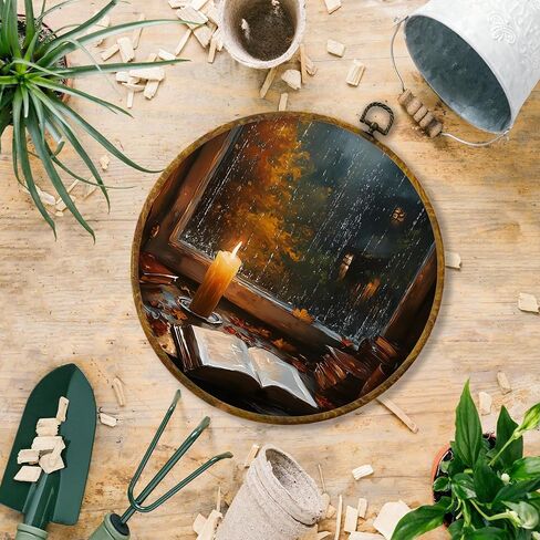 Hiuwevt Vintage Moody Fall Rainy Round Wall Art Decor ، طباعة قماشية في الخريف ، الأوساط الأكاديمية الداكنة جدار جدار معلق للمنزل غرفة نوم القراءة ديكورات مكتبة غرفة ، 10 × 10 بوصات in Kuwait