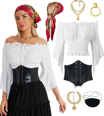 Pirate Costume Women Outfit With pirate top women renaissance Corset Headscarf Accessories 7 Pcs in Saudi Arabia