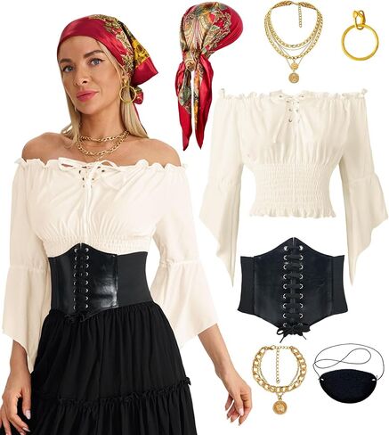 Pirate Costume Women Outfit With pirate top women renaissance Corset Headscarf Accessories 7 Pcs in Kuwait