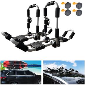 Kayak Roof Rack 4-in-1 Folding Adjustable Bilateral J-Shaped Roof Rack for Kayak/Surf/Ski Roof Carrier Rack with 4 PCS Tie Down Straps On Rooftop Mount on Car SUV Truck Crossbar
