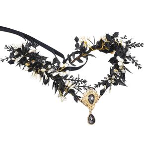 Black Elf Fairy Flower Crown - Handmade Gothic Floral Headpiece Elven Medieval Tiara with Gold Crystal Woodland Headband Women Girls Renaissance Cosplay Party Carnival Maternity Wedding Accessories