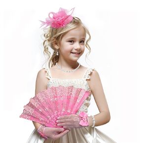 Girls Fascinator Tea Hat - Tea Party Set for 1920s Costume Party, Off White High Tea Pary Church Top Hat with Pearl Necklace Earring Hand Fan and Lace Gloves Set