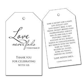 25 Thank You Tags for Christian Wedding - 1 Corinthians 13 - Love Never Fails - White