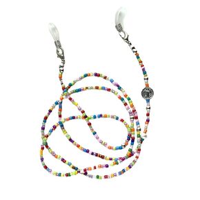 Eyeglass Holder with Religious Pendant, Colorful Beads, and a Beautiful Pearl. Includes pouch and small prayer. (St. Benedict - Turquoise)