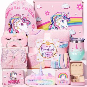 Unicorn Toys for Girls Age 4-6 6-8, Kindergarten Preschool Graduation Gifts Box Birthday Gifts for 3 4 5 6 7 8 9 10 11 12 Year Old Toddler Teen Girls with Glow in The Dark Blanket Bag Cup Jewelry Box