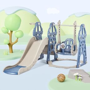 4-in-1 Toddler Slide and Swing Set with Extra Large Playground, Basketball Hoop & Climber, Indoor/Outdoor Playset, Taxi Collection – Blue