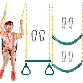 TURFEE 3 Pack Assorted Swing Set, Including 1 Gym Rings Trapeze Bar and 2 Pcs Swings with Plastic Coated Chain, Swingset Accessories Replacement for Kids Outdoor Play, Playground- Green