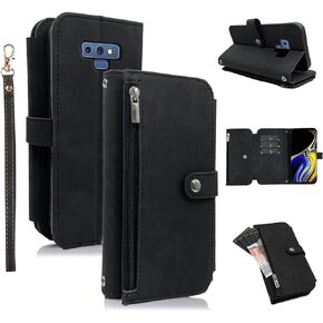 Compatible with Samsung Galaxy Note 9 Wallet Case 9 Card Slots Retro Leather Flip Card Holder Stand Cell Accessories Strap Rugged Wrist Credit Purse Folio Phone Cover for Note9 Not S9 Women Men Red
