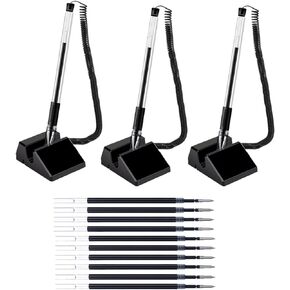 3 Pieces Desktop Pens with Plastic Chains and Pen Holder Counter Pen Set with Adhesive Base and 10 Pieces Black Ink Refills for Home Office Supplies (Black, 0.5mm)