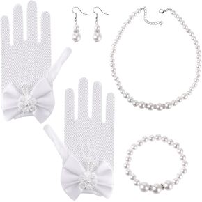 Yolev 4 Pcs Girls Pearl Necklace Bracelet Earrings Jewelry Sets and White Lace Communion Glove Girls Princess Pageant Gloves for Children Wedding Pageant Halloween Cosplay (Suitable for ages 12+) in Kuwait