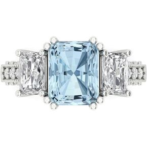 4.27 ct Emerald Cut Natural Aquamarine 18k White Gold Solitaire W/Accents 3 Stone Anniversary Wedding Engagement Ring