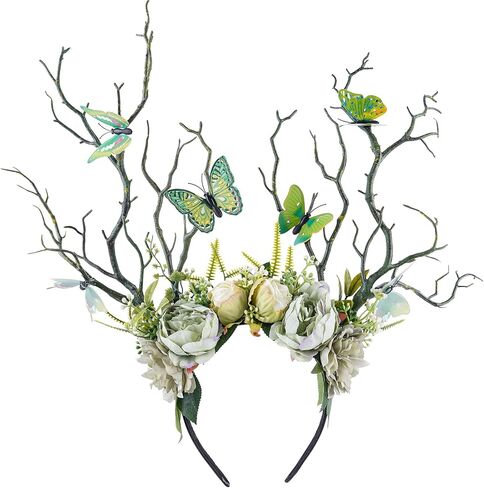 MOSTORY Green Flower Branch Headband - Handmade Tree Hairband with Butterfly Woodland Headband Floral Forest Crown for Women Girls Renassance Mardi Gras Carnival Cosplay Photoshoot in Saudi Arabia