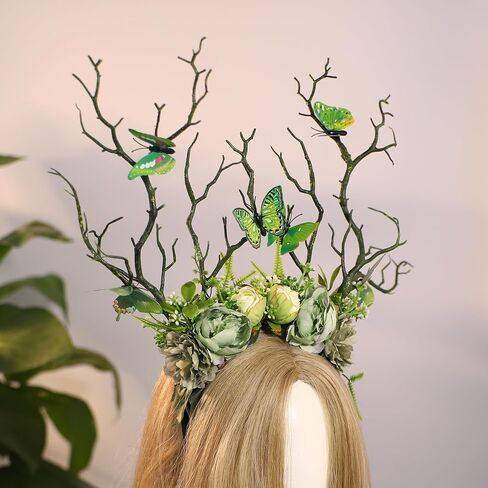 MOSTORY Green Flower Branch Headband - Handmade Tree Hairband with Butterfly Woodland Headband Floral Forest Crown for Women Girls Renassance Mardi Gras Carnival Cosplay Photoshoot in Saudi Arabia