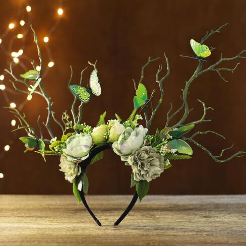 MOSTORY Green Flower Branch Headband - Handmade Tree Hairband with Butterfly Woodland Headband Floral Forest Crown for Women Girls Renassance Mardi Gras Carnival Cosplay Photoshoot in Saudi Arabia