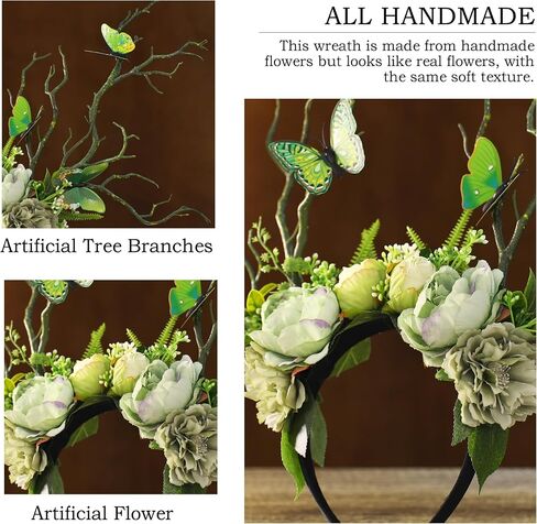 MOSTORY Green Flower Branch Headband - Handmade Tree Hairband with Butterfly Woodland Headband Floral Forest Crown for Women Girls Renassance Mardi Gras Carnival Cosplay Photoshoot in Saudi Arabia
