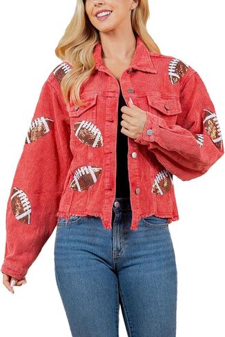 Game Day Women's Distressed Cropped Corduroy Jacket Button Down Football Sequin Patched Short Jacket Coat With Pockets (XS, Brown) in Saudi Arabia