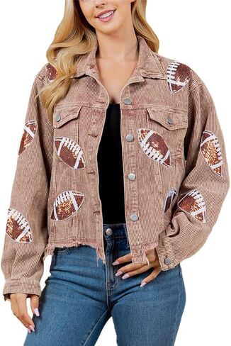 Game Day Women's Distressed Cropped Corduroy Jacket Button Down Football Sequin Patched Short Jacket Coat With Pockets (XS, Brown) in Saudi Arabia