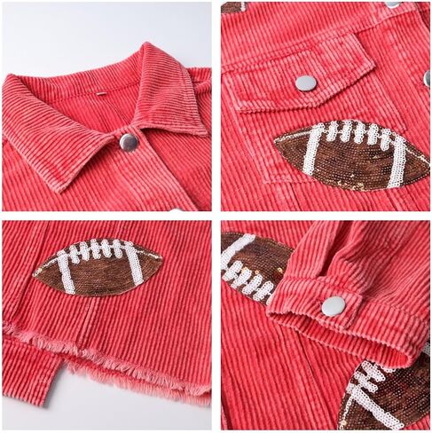 Game Day Women's Distressed Cropped Corduroy Jacket Button Down Football Sequin Patched Short Jacket Coat With Pockets (XS, Brown) in Saudi Arabia