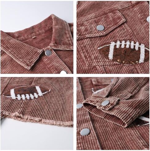Game Day Women's Distressed Cropped Corduroy Jacket Button Down Football Sequin Patched Short Jacket Coat With Pockets (XS, Brown) in Saudi Arabia