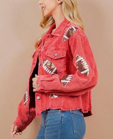 Game Day Women's Distressed Cropped Corduroy Jacket Button Down Football Sequin Patched Short Jacket Coat With Pockets (XS, Brown) in Saudi Arabia