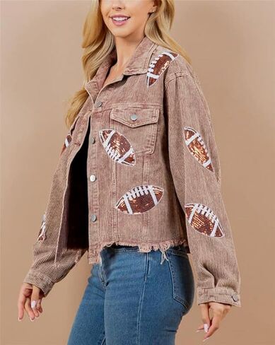 Game Day Women's Distressed Cropped Corduroy Jacket Button Down Football Sequin Patched Short Jacket Coat With Pockets (XS, Brown) in Saudi Arabia