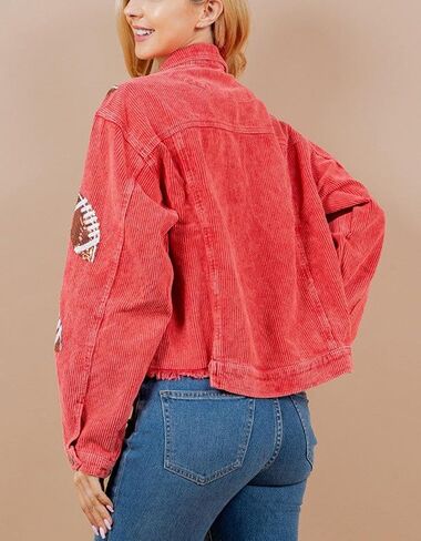 Game Day Women's Distressed Cropped Corduroy Jacket Button Down Football Sequin Patched Short Jacket Coat With Pockets (XS, Brown) in Saudi Arabia