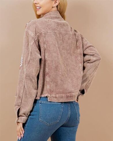 Game Day Women's Distressed Cropped Corduroy Jacket Button Down Football Sequin Patched Short Jacket Coat With Pockets (XS, Brown) in Saudi Arabia