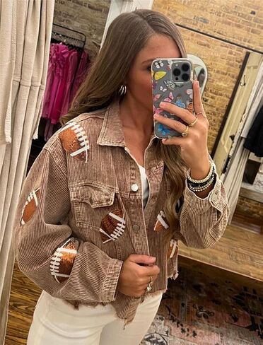 Game Day Women's Distressed Cropped Corduroy Jacket Button Down Football Sequin Patched Short Jacket Coat With Pockets (XS, Brown) in Saudi Arabia