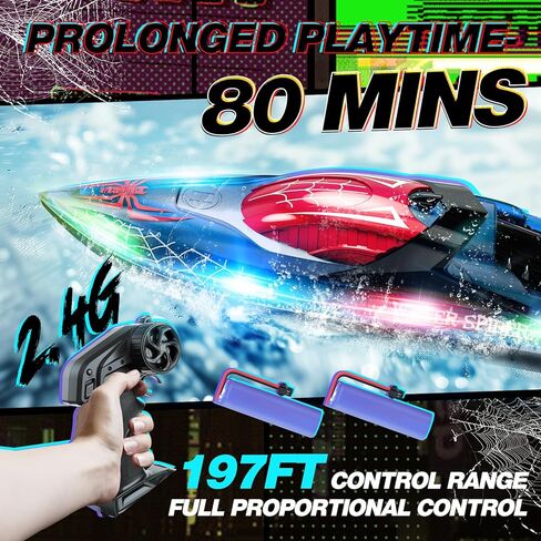 قارب عنكبوت DEERC RC مع ضوء LED للأطفال، قارب تحكم عن بعد نسبي كامل 2.4 جيجا هرتز لحمامات السباحة والبحيرات، وقت تشغيل 80 دقيقة، ألعاب حمام السباحة، استعادة الحجم الكبير in Kuwait