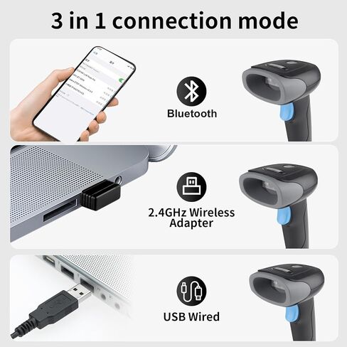 Barcode Scanner 2D QR 1D Wireless Handheld Laser Bar Code Reader 3-in-1 with Bluetooth & 2.4G Wireless & USB Wired Works with iPad, Android Phone, iPhone, Laptop-U26 in Saudi Arabia