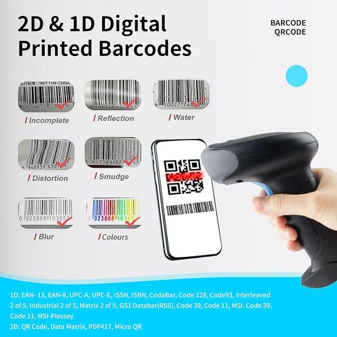 Barcode Scanner 2D QR 1D Wireless Handheld Laser Bar Code Reader 3-in-1 with Bluetooth & 2.4G Wireless & USB Wired Works with iPad, Android Phone, iPhone, Laptop-U26 in Saudi Arabia