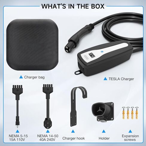 شاحن تسلا محمول بطول 25 قدم (8 أمبير/40 أمبير) - يمكنه التحكم في مستوى منفذ الشحن 1 ومستوى 2 شاحن تسلا EV مع مقابس NEMA المزدوجة (NEMA 5-15 و14-50) - متوافق مع جميع طرازات Tesla X/Y/3/S in Kuwait