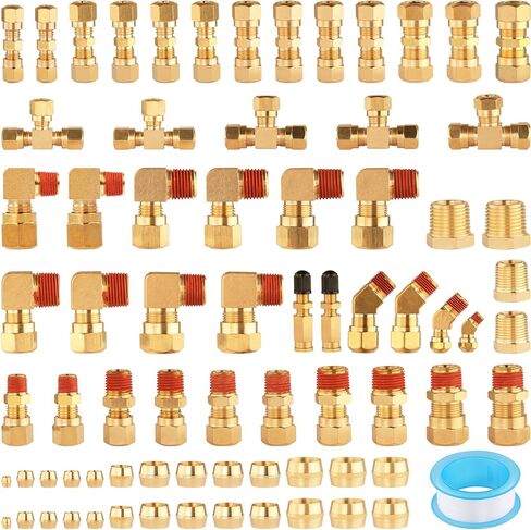 37Pcs Brass DOT Air Brake Line Fittings Assortment Kit 1/4" 3/8" 1/2" Push to Connect Fittings Air System Repair Kit for Truck, Air Brake Union 45 Degree & 90 Degree Male Elbow in Saudi Arabia