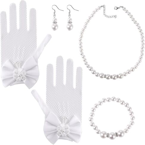 Yolev 4 Pcs Girls Pearl Necklace Bracelet Earrings Jewelry Sets and White Lace Communion Glove Girls Princess Pageant Gloves for Children Wedding Pageant Halloween Cosplay (Suitable for ages 12+) in Kuwait