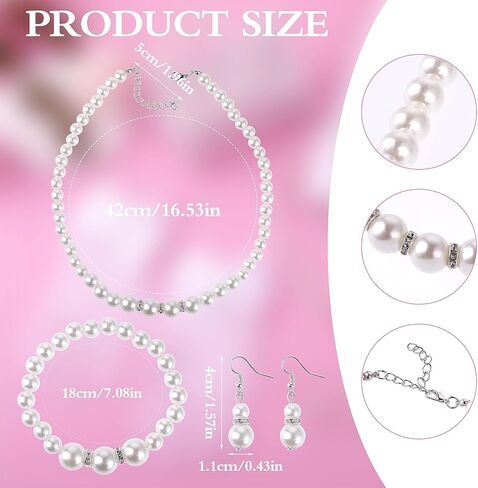 Yolev 4 Pcs Girls Pearl Necklace Bracelet Earrings Jewelry Sets and White Lace Communion Glove Girls Princess Pageant Gloves for Children Wedding Pageant Halloween Cosplay (Suitable for ages 12+) in Kuwait