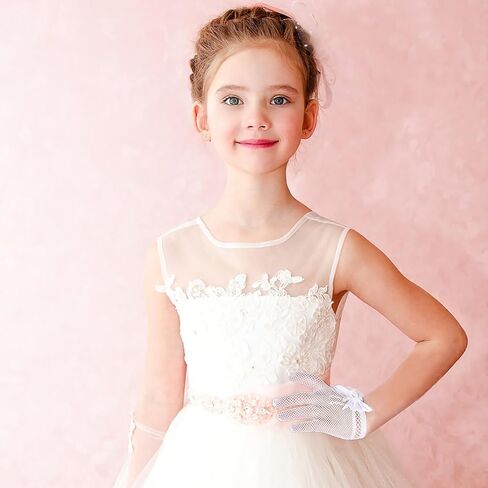 Yolev 4 Pcs Girls Pearl Necklace Bracelet Earrings Jewelry Sets and White Lace Communion Glove Girls Princess Pageant Gloves for Children Wedding Pageant Halloween Cosplay (Suitable for ages 12+) in Kuwait
