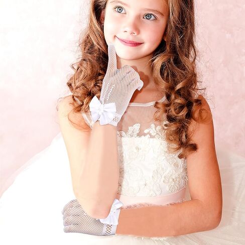 Yolev 4 Pcs Girls Pearl Necklace Bracelet Earrings Jewelry Sets and White Lace Communion Glove Girls Princess Pageant Gloves for Children Wedding Pageant Halloween Cosplay (Suitable for ages 12+) in Kuwait