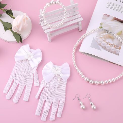 Yolev 4 Pcs Girls Pearl Necklace Bracelet Earrings Jewelry Sets and White Lace Communion Glove Girls Princess Pageant Gloves for Children Wedding Pageant Halloween Cosplay (Suitable for ages 12+) in Kuwait