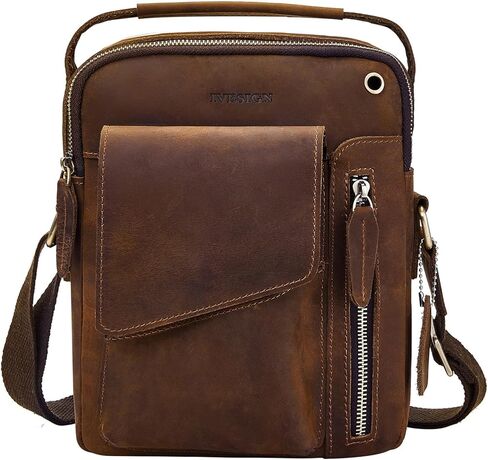 حقيبة كروس للرجال من IVESIGN، حقيبة كتف على شكل حقيبة، حقيبة ساعي جلدية صغيرة، حقيبة يد جلدية من Crazy Horse مع سحاب (كبير) in Kuwait