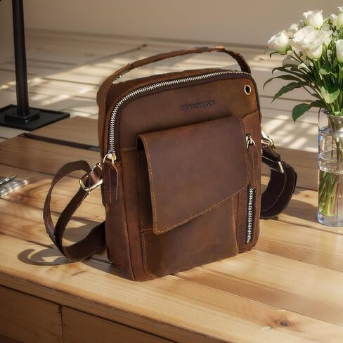 حقيبة كروس للرجال من IVESIGN، حقيبة كتف على شكل حقيبة، حقيبة ساعي جلدية صغيرة، حقيبة يد جلدية من Crazy Horse مع سحاب (كبير) in Kuwait