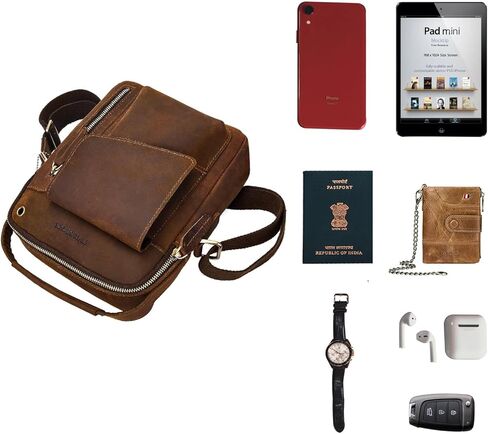 حقيبة كروس للرجال من IVESIGN، حقيبة كتف على شكل حقيبة، حقيبة ساعي جلدية صغيرة، حقيبة يد جلدية من Crazy Horse مع سحاب (كبير) in Kuwait