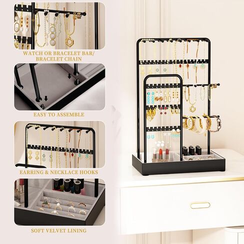 Jewelry Organizer, Jewelry Holder, Double Rows&4-Tier Jewelry Stand Organizer with Velvet Ring Tray, Jewelry Tower Storage Rack Tree for Bracelet Necklace Earring Ring, Gift Idea(Black) in Saudi Arabia