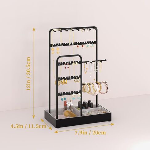 Jewelry Organizer, Jewelry Holder, Double Rows&4-Tier Jewelry Stand Organizer with Velvet Ring Tray, Jewelry Tower Storage Rack Tree for Bracelet Necklace Earring Ring, Gift Idea(Black) in Saudi Arabia