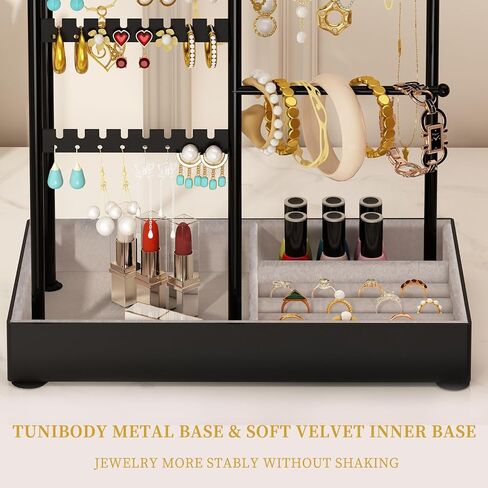 Jewelry Organizer, Jewelry Holder, Double Rows&4-Tier Jewelry Stand Organizer with Velvet Ring Tray, Jewelry Tower Storage Rack Tree for Bracelet Necklace Earring Ring, Gift Idea(Black) in Saudi Arabia