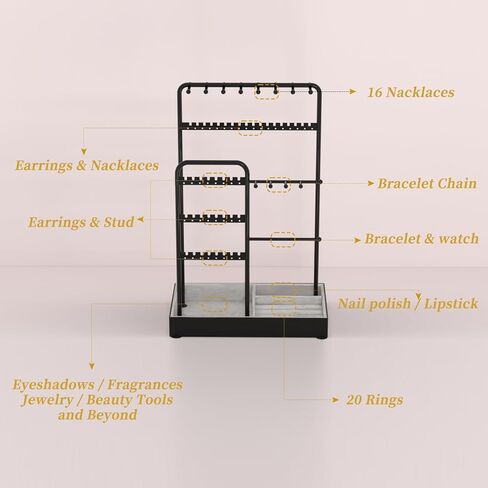 Jewelry Organizer, Jewelry Holder, Double Rows&4-Tier Jewelry Stand Organizer with Velvet Ring Tray, Jewelry Tower Storage Rack Tree for Bracelet Necklace Earring Ring, Gift Idea(Black) in Saudi Arabia