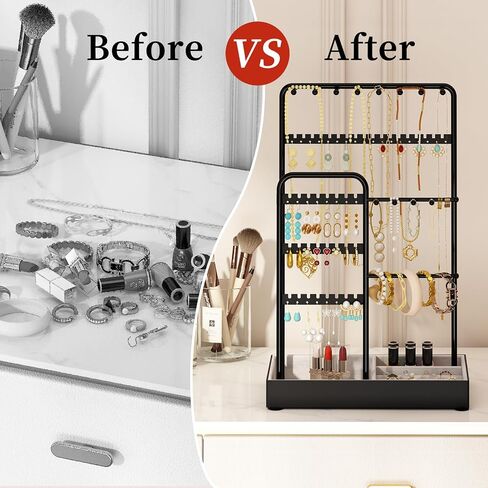 Jewelry Organizer, Jewelry Holder, Double Rows&4-Tier Jewelry Stand Organizer with Velvet Ring Tray, Jewelry Tower Storage Rack Tree for Bracelet Necklace Earring Ring, Gift Idea(Black) in Saudi Arabia