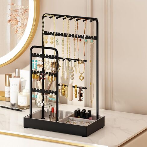 Jewelry Organizer, Jewelry Holder, Double Rows&4-Tier Jewelry Stand Organizer with Velvet Ring Tray, Jewelry Tower Storage Rack Tree for Bracelet Necklace Earring Ring, Gift Idea(Black) in Saudi Arabia